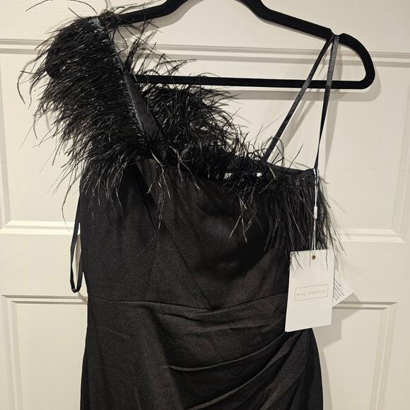 Mac Duggal 68147 Black Feather Trim One Shoulder Sleeveless Midi Dress Size 4 - Picture 3 of 10